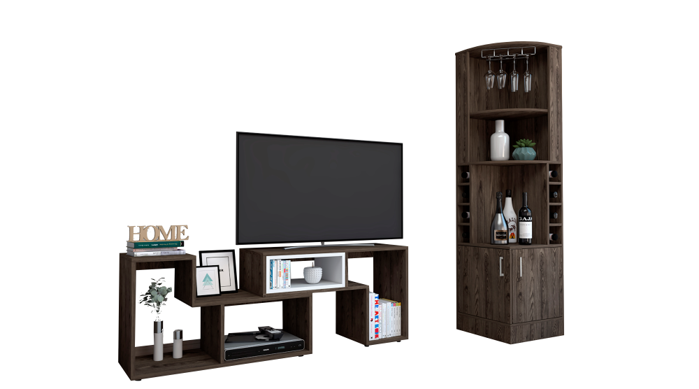 Bar Esquinero Kava + Rack Extensible Color Coñac y Blanco Para Sala De Estar